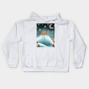 Gingerbread house, trees, on snow hills landscape, moon and stars watercolor illustration. Fantasy sweets world snow landscape. Moonlight magic candy world scenery. Kids Hoodie